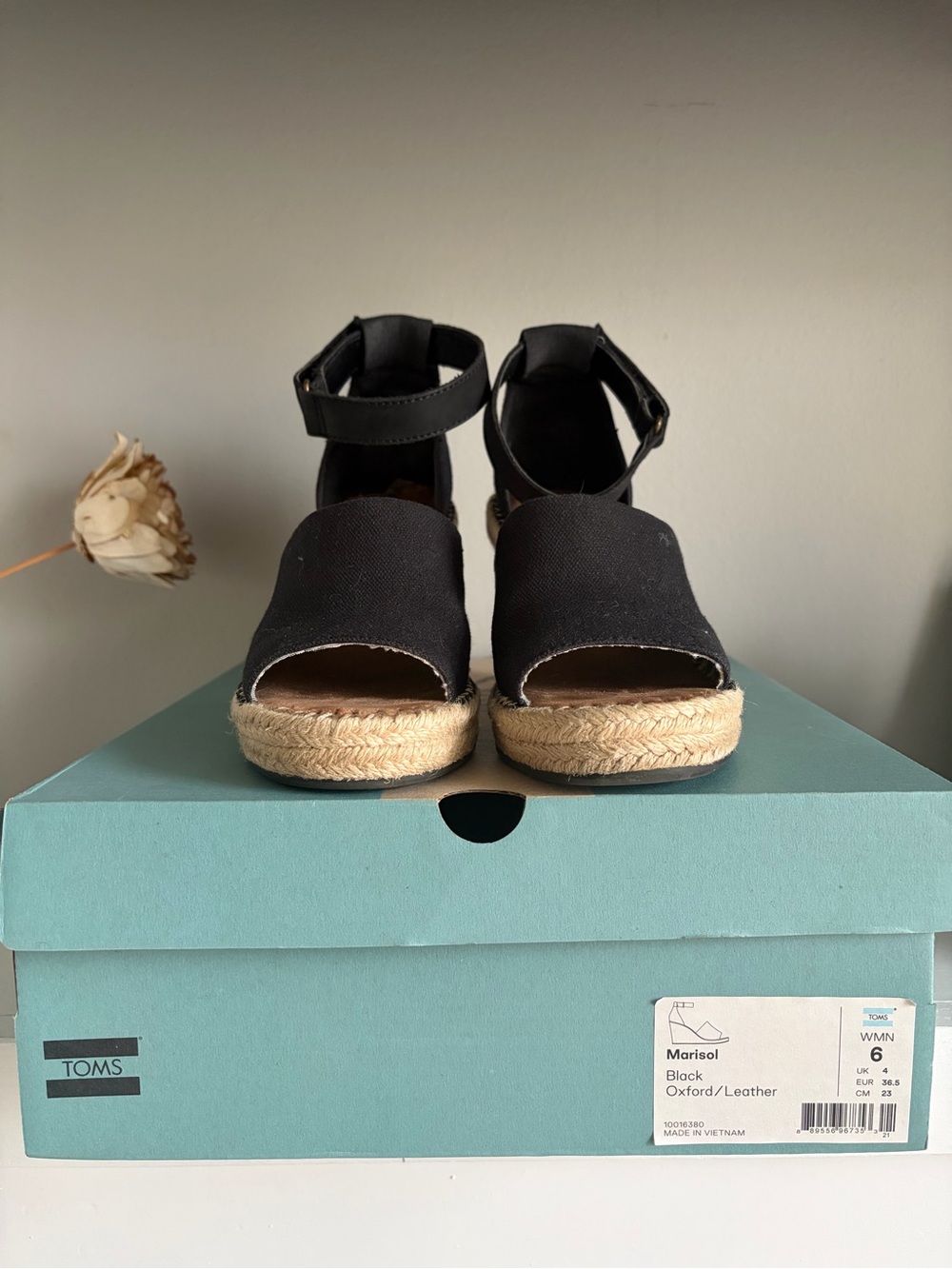 TOMS Marisol Black Canvas Espadrille Wedge Sandals with Ankle Strap - size 6